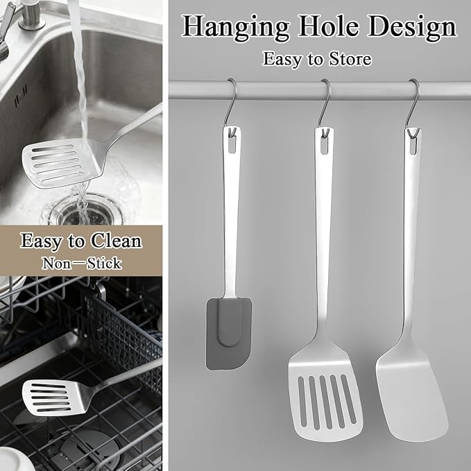 Berglander Stainless Steel Spatulas Set 3pcs, Metal Spatula Solid&Slotted&Flexible Turner, Heavy Duty Sturdy Kitchen Spatula, High Heat Resistant Cooking Utensils for Nonstick Cookware