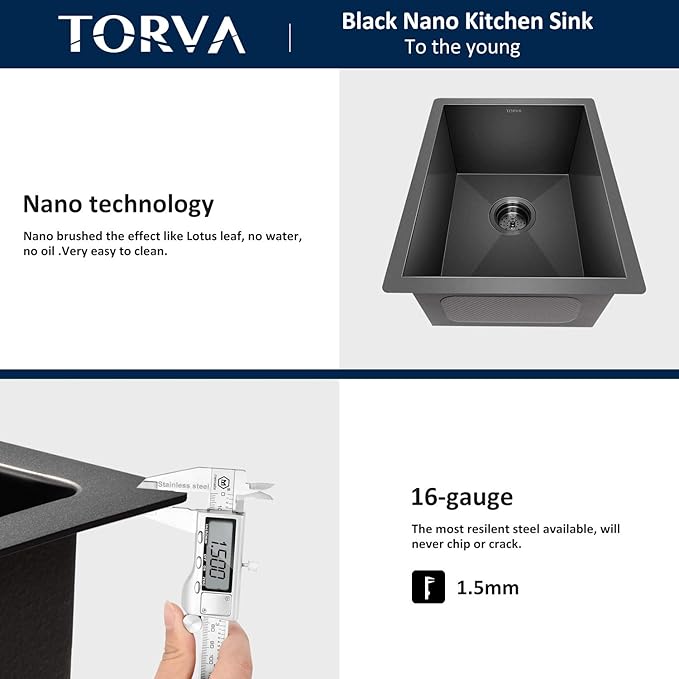 TORVA 14 x 14 Inch Gloss Black Undermount Kitchen Sink, PVD Coated Gunmetal Bar Sink，16 Gauge T-304 Stainless Steel Single Bowl Wet Bar or Prep Sinks with Zero-Radius Corners, Dark Grey