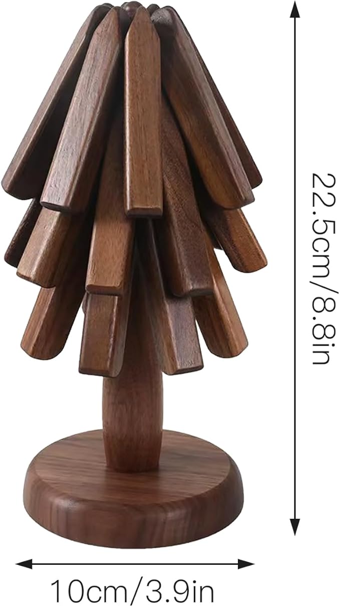 Wooden Tree Coasters, Trivets for Hot Dishes, Trivets for Hot Pots and Pans, Wooden Tree Trivet Set - 3 or 4 Wooden Trivet + 1 Stand, Christmas Coasters (Walnut,4pcs-B)