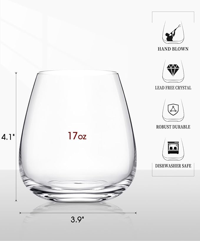 Stemless Wine Glasses Set of 4, 17oz Hand Blown Crystal Red White Wine Glass, Ideal for Birthday and Special Days, Perfect Gifts for Both Men and Women