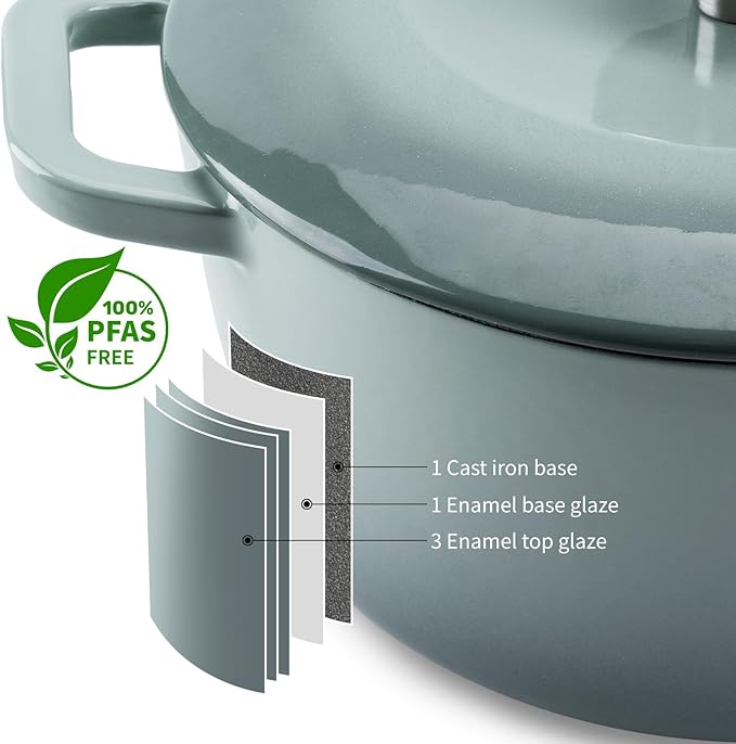 Enamel Cast Iron Dutch Oven with Lid,Dual Handles,Heavy-Duty Cookware for Sourdough Bread Baking,Braising,Stews,Roasting,Oven Safe up to 500° F,5.5QT,green