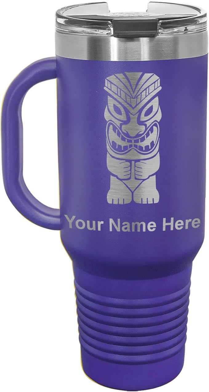 LaserGram 40oz Vacuum Insulated Travel Mug with Handle, Tiki Statue, Personalized Engraving Included (Dark Purple)