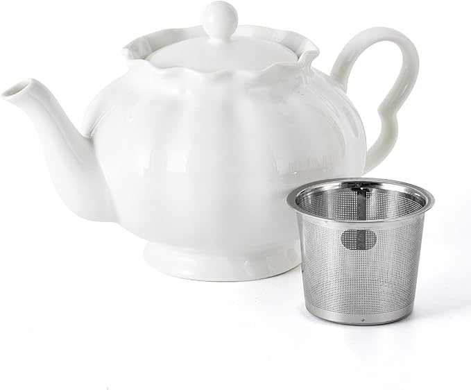 Tea Pot with Infuser for Loose Leaf Tea, 33oz, Ceramic Teapot with Tea Strainer, Large Teapots for Tea Party, New Bone Porcelain Teapot