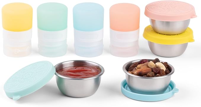 8-Pack Salad Dressing Container To Go, 1-oz Silicone Small Condiment Squeeze Bottles and 1.6 oz Stainless Steel Sauce Containers Cups, Leakproof Condiment Containers with Lids for Lunch Box