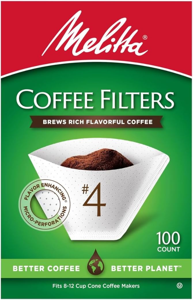 Melitta #4 Cone Coffee Filters, White, 100 Count (Pack Of 6), 600 Total Filters - Fits all 8-12 Cup Cone Coffee Makers and Pour-Overs, Compostable, Tear-Resistant, Made in USA