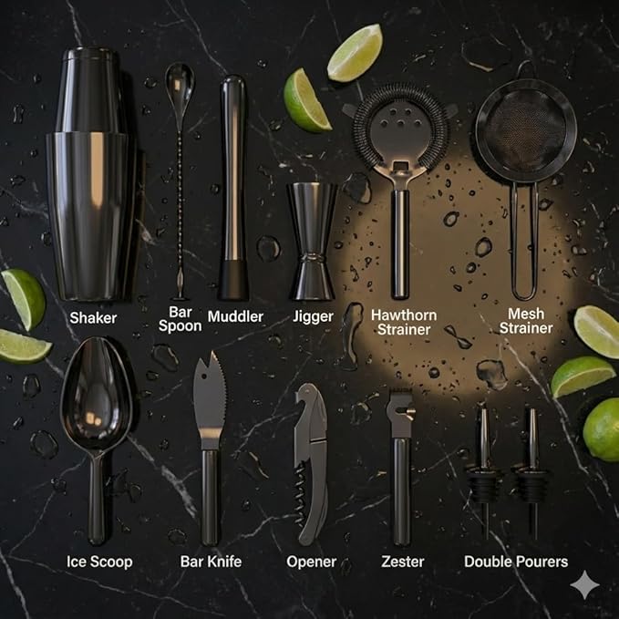 Highball & Chaser 13-Piece Gunmetal Black Stainless Steel Boston Cocktail Shaker Bar Tool Set with Mixology Bartender Kit Accessories
