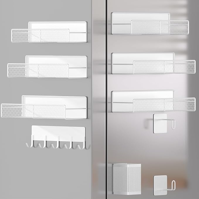 Magnetic Spice Rack for Refrigerator, 10 Pack 100% Metal Strong Magnet Shelf, Moveable Spice Organizer W/ Adjustable Paper Towel Holder, Hook Rack & Utensil Caddy, Home Kitchen Laundry Storage, White