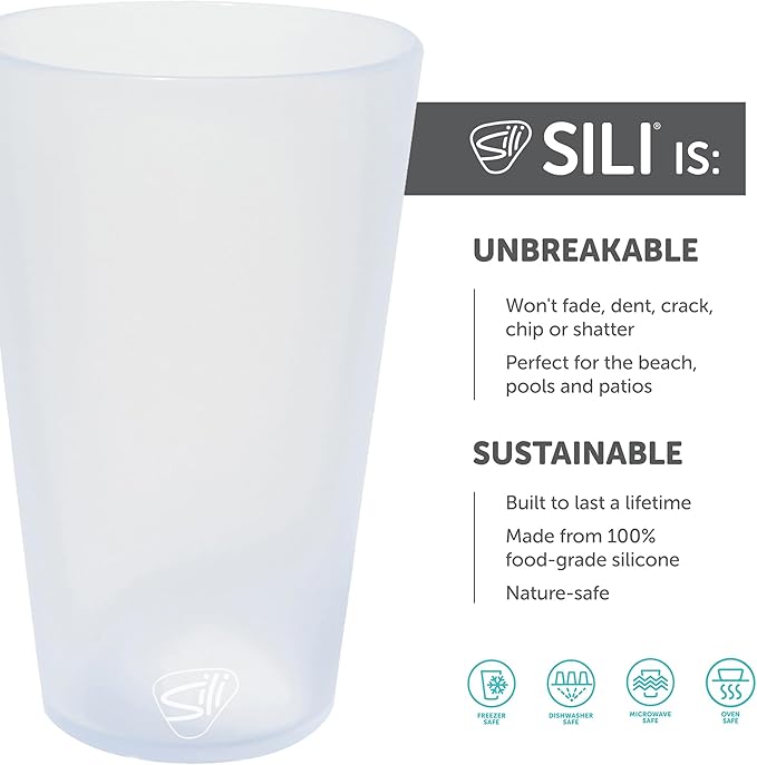 Silipint 16oz Silicone Pint Glass – Unbreakable BPA-Free Reusable Silicone Drinking Cup – Flexible Dishwasher Microwave & Freezer Safe – Stemless Glass for Water Coffee Smoothies (Icicle)