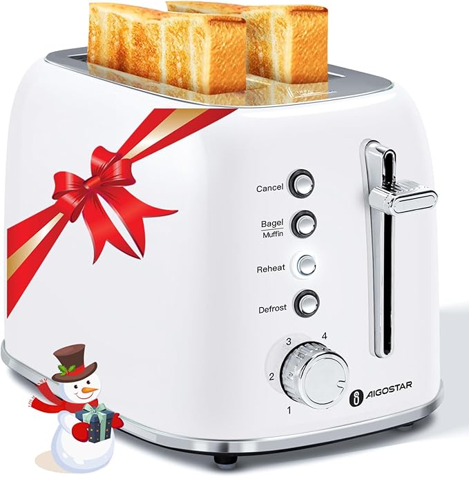 Aigostar Retro 2 Slice Toaster - Stainless Steel, Extra Wide Slots, Bagel Function, Cancel & Defrost, 6 Shade Settings, Removable Crumb Tray, White