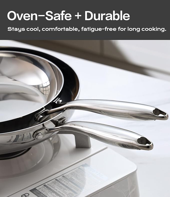 10 Inch Stainless Steel Frying Pan - 3 Ply Stainless Clad Skillet with Aluminum Core, Durable and Even Heating, Professional Cookware for Induction, All Stoves Compatiable Oven & Dishwasher Safe