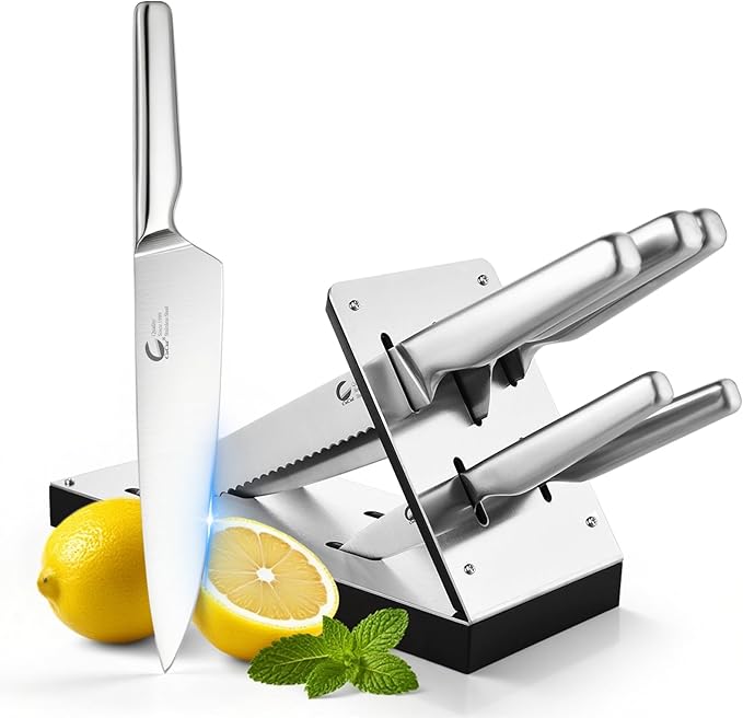 6-Piece Kitchen Knife Set with Ventilated Knife Block – High Carbon Stainless Steel Culinary Knives, Dishwasher Safe, Professional Cooking Knife Set (Chef/Slicer/Bread/Utility/Paring)