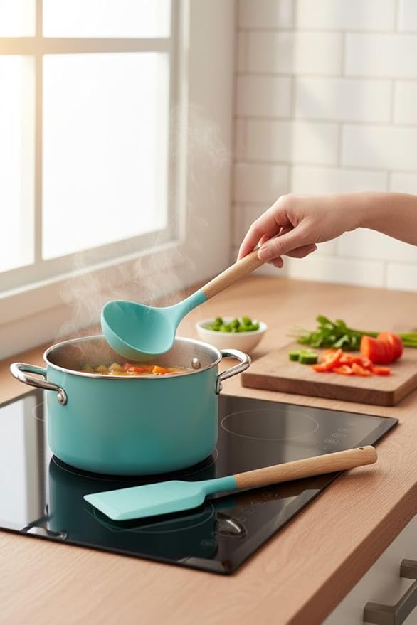 Silicone Cooking Spoons, 2-Piece Nonstick Utensil Set with Acacia Wood Handles - Heat-Resistant for Frying, Serving & Turning Spatula