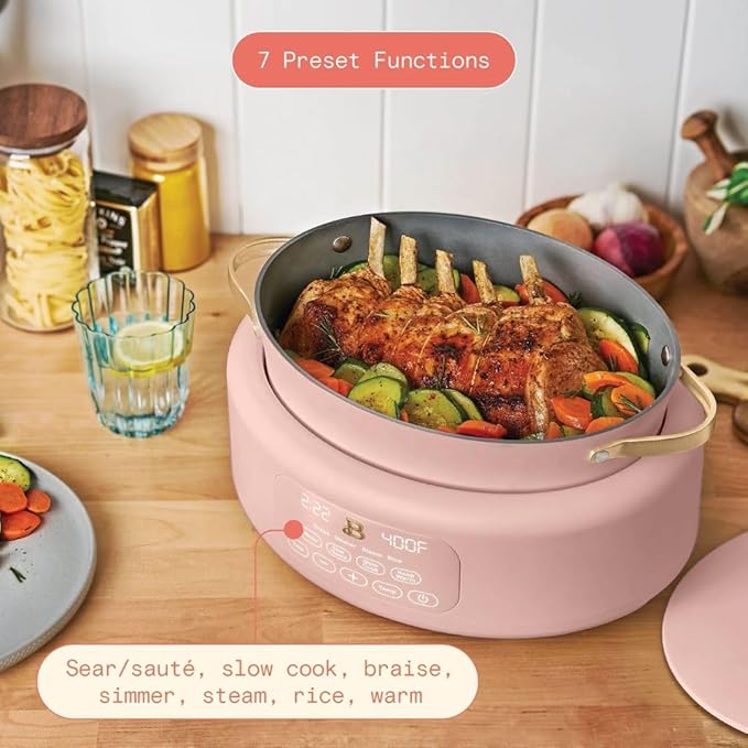 Beautiful 10-in-1 6-Qt Programmable Multi-Cooker with Oven-Safe Pot & 7 Presets – Slow Cook, Rice, Steam, Sauté (Rose)