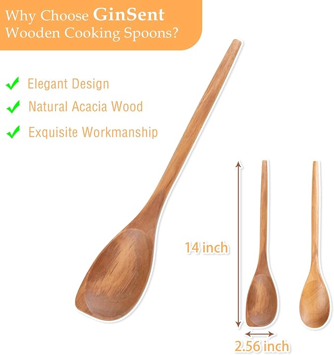 GinSent 2PCS Wooden Spoons for Cooking14 Inch Cooking Wooden Spoons Comfort Grip Wood Spoons Cooking Kitchen Utensils for Stirring Scraping Flipping, Serving,Non-Stick Cookware Corner spoon & Spoon