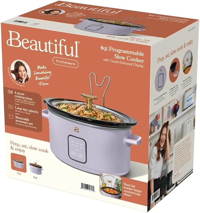 Beautiful 4-Quart Slow Cooker with Touch-Activated Display, Programmable Digital Controls, Removable Non-Stick Pot, Keep Warm Function, by Drew Barrymore (Lavender)
