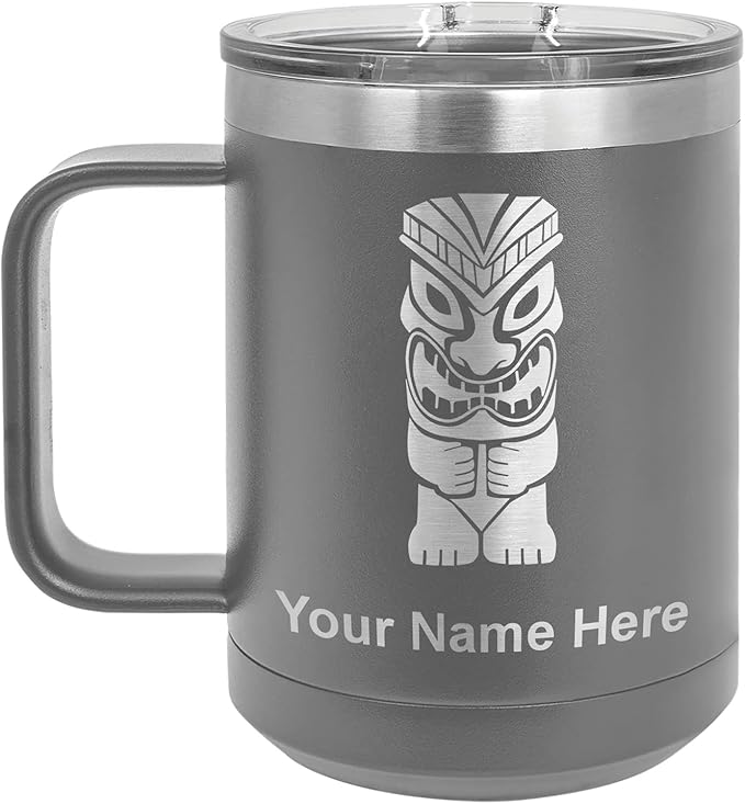 LaserGram 15oz Vacuum Insulated Coffee Mug, Tiki Statue, Personalized Engraving Included (Gray)