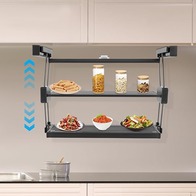 2-Tier Pull-down Kitchen Spice Rack, Spice Drawer Organizer Shelf for Small Space, Height Adjustable Heavy Duty Metal Basket, for kitchens, bedrooms, balconies, offices