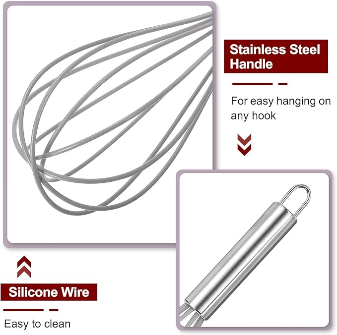 HARFINGTON 5Pcs Silicone Whisk 10" Kitchen Whisk Wire Whisks Beater with Stainless Steel Handle for Egg Milk Whisking Blending Beating & Stirring, Grey