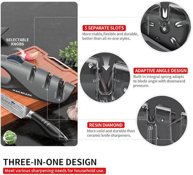 Mad Shark Kitchen Knife Sharpener - 5 Adjustable Sharpening Angle, Diamond Slot - Fine Honing, Design with Non-Slip Rubber Edge Grip, Knife Sharpener for Professional, Chef's Knives, Pocket, Scissors