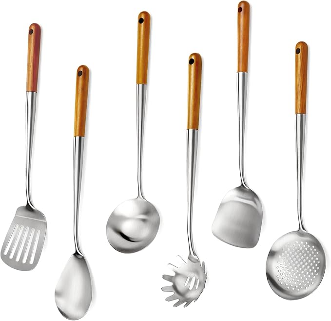 16.6 inch Stainless Steel Kitchen Utensils Set with Wood Handle, 6pcs Long Metal Cooking Utensils Set for Commercial Includes Wok Spatula, Ladle, Skimmer, Slotted Turner, Spoon(Large)
