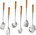 16.6 inch Stainless Steel Kitchen Utensils Set with Wood Handle, 6pcs Long Metal Cooking Utensils Set for Commercial Includes Wok Spatula, Ladle, Skimmer, Slotted Turner, Spoon(Large)