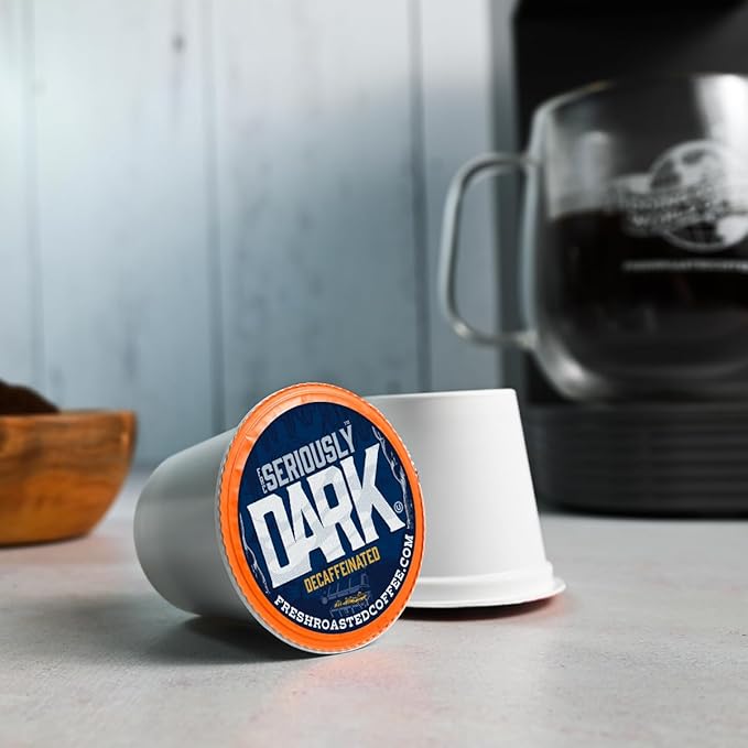 Fresh Roasted Coffee, Seriously Dark Decaf Artisan Blend, Kosher | 24 Pods for K Cup Brewers