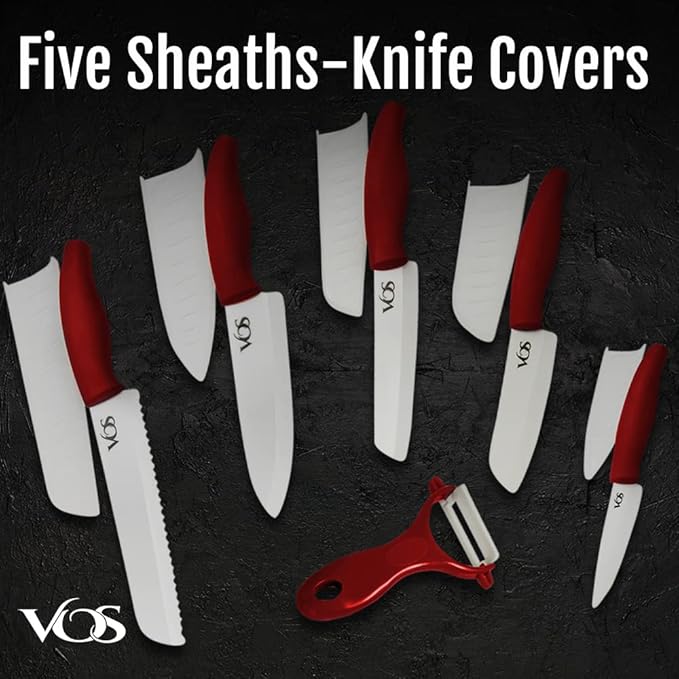 Vos Ceramic Knife with Peeler, Knives Set For Kitchen, Ultra Sharp Kitchen Knife Set with Covers, 4" 5" 6" 7" 8" Paring, Chef Knife, Santoku & 2 more, Lightweight, Dishwasher safe (Red)
