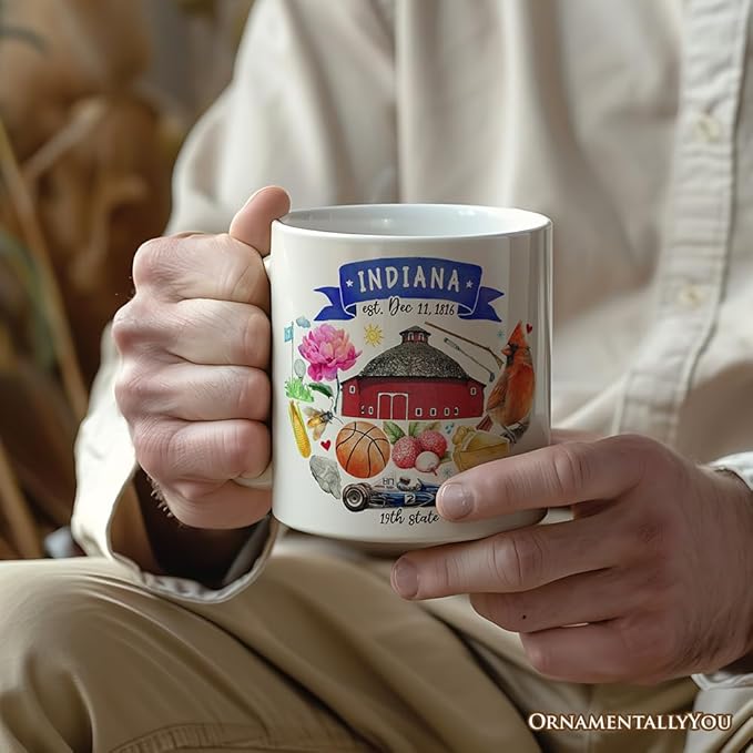 OrnamentallyYou State Travel Landmark Mugs – 12 oz Ceramic Coffee Cups, U.S. Souvenir Gift for Tourists (Artistic Indiana State Themes and Landmarks Mug)