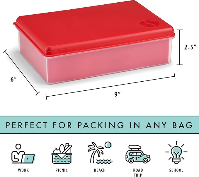 Fit & Fresh Collection Multi-Flex Bento Box with 2 Removeable Ice Packs, Adjustable Divided Meal Carrier Lunch Container, BPA-Free, 9.5" x 6" x 2.25", Red, Standard
