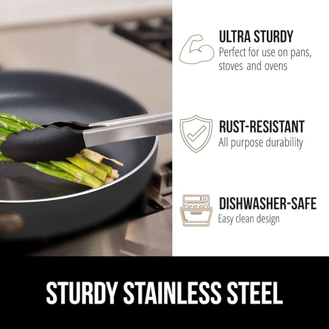 GORILLA GRIP Stainless Steel Heat Resistant Kitchen Tongs for Cooking, 9 + 14 Inch, Set of 2 BBQ Tong, Non Scratch Silicone Tip for Pan, Strong Grip, Grab Food, Toss Salad, Air Fryer, Pull Lock, Black