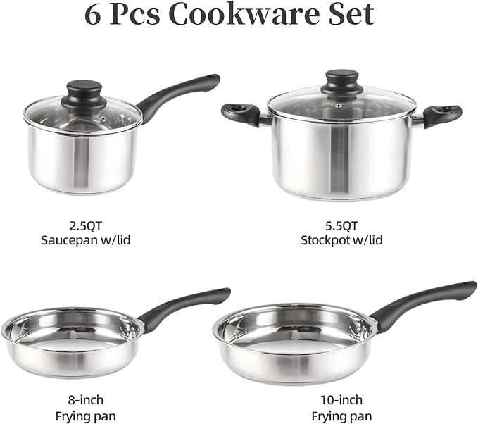 6-Piece Stainless Steel Cookware Set with Glass Lids, Stay-Cool Handles | Fry Pan, Saucepan, Sauce Pots | Compatible with Induction, Electric, Gas Stovetops | PFOA-Free, Dishwasher Safe