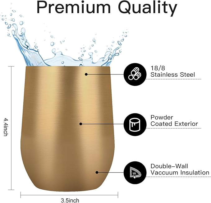 Lifecapido 8 Pack 12oz Stainless Steel Wine Tumblers, Insulated Wine Tumbler, Double Wall Insulated Wine Glass, Stainless Steel Stemless Wine Cups with Lids for Coffee, Wine, Champaign, Gold