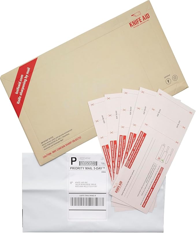 Knife Sharpening Service by Mail, Professional Blade Repair for 5 Knives, Razor Sharp Results, Insured and Trackable Shipping, Knife Aid Kit Included