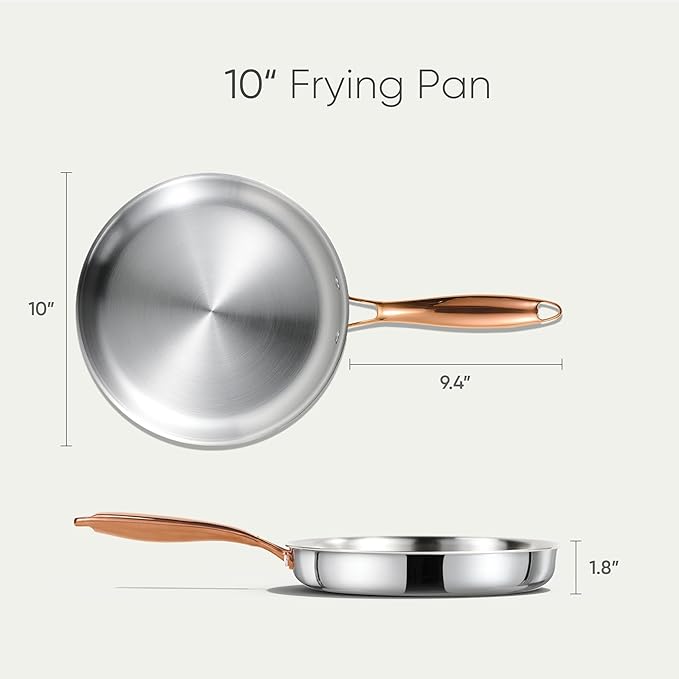 CAROTE 10" Tri-Ply Stainless Steel Frying Pan, Non-Toxic Fry Pan Egg Pan Omelet Pans, Oven Safe, Induction, Ceramic and Gas Cooktops Compatible, Silver