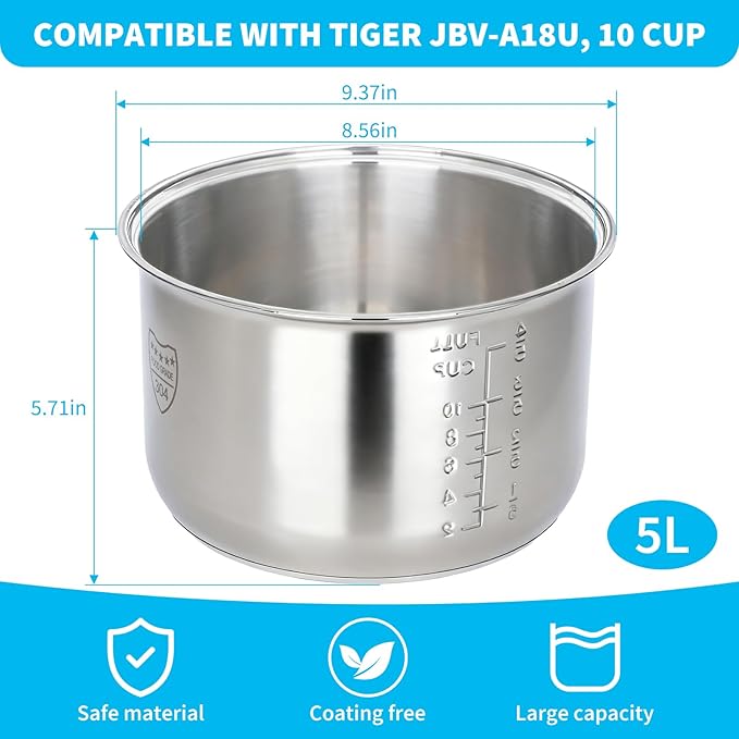 Rice Cooker 10 Cup Inner Pot Compatible with Tiger JBV-A18U,Non-Stick 304 Stainless Steel,Rice Cooker Rplacement Pot,Dishwasher Safe