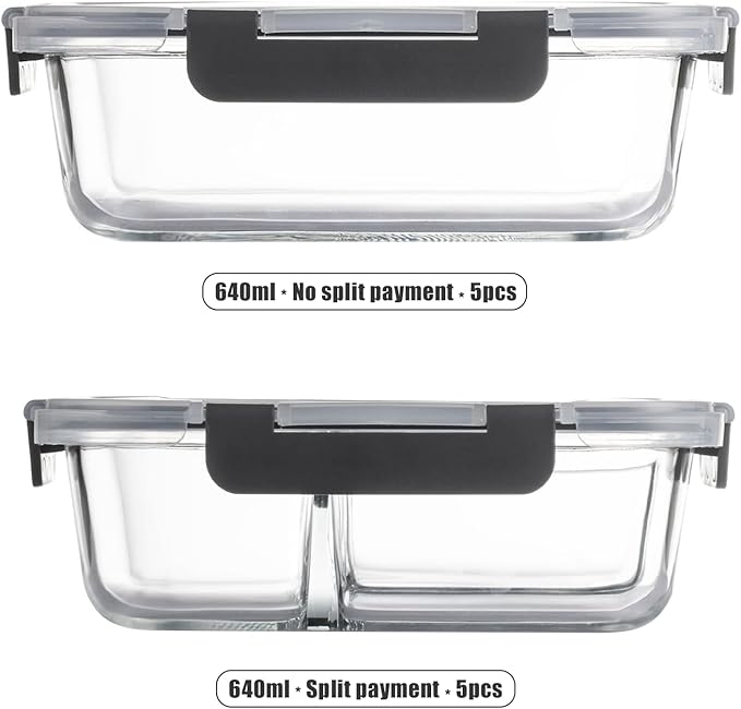 Glass Food Storage Containers(5 Pieces with Partitions,5 Pieces without Partitions),Glass Meal Prep Containers with Snap Lock Leakproof Lids,for Microwave,Freezer,Oven and Dishwasher