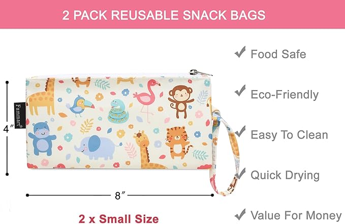 Reusable Sandwich Bag/Snack Bag for Kids & Adults, Dual Layer Lunch Bag with Handle, Washable, Food Safe, BPA Free (2-Pack, Zoo)