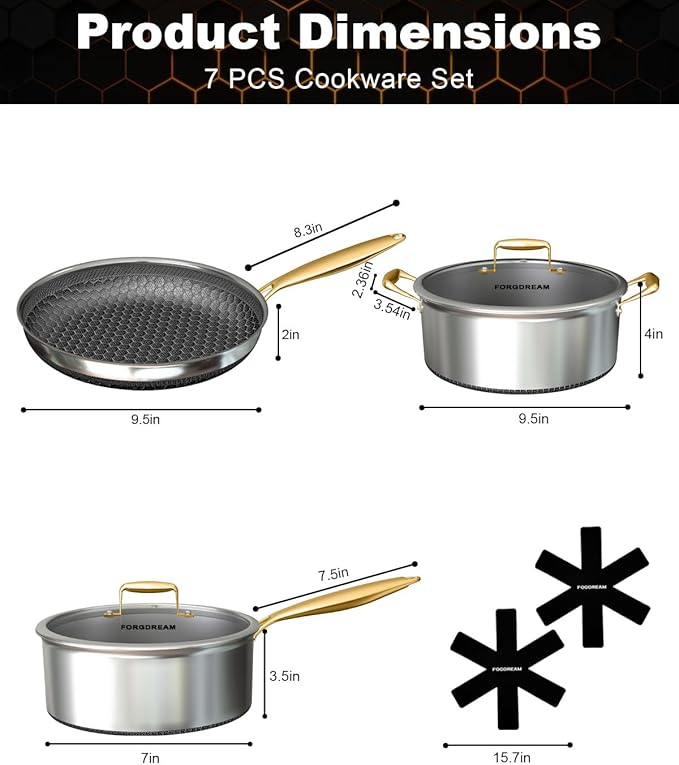 FogDream Stainless Steel Cookware, Tri Ply Pots And Pans Set, Non Stick Frying Pans, Soup Pot & Sauce Pan With Tempered Glass Lids, Cool Handles, Dishwasher Safe, Induction Compatible, Gold