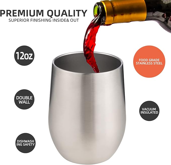 12 oz Insulated Wine Tumbler with Lid and Straw,Stainless Steel Stemless Wine Tumbler Glasses Double Wall Vacuum Wine Cups Tumbler Bulk for Coffee,Champaign,Office(Silver,8)