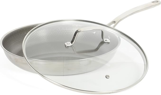 Martha Stewart Badgley Hybrid Nonstick 12 Inch TriPly Stainless Steel Large Fry Pan With Lid & Stay Cool Handle - Laser Etched Non-Toxic Nonstick Skillet - Dishwasher and Induction Safe