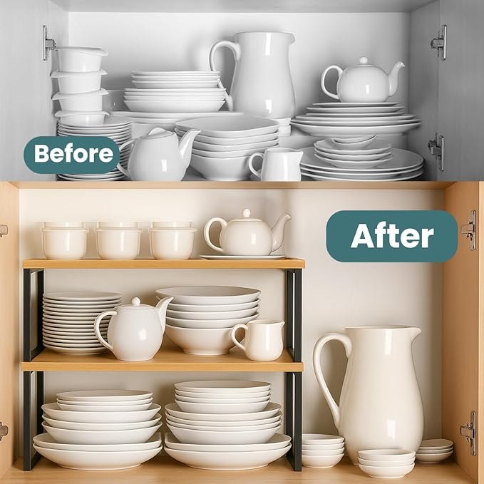 Sben Cabinet Organizer Shelf, Set of 2 Kitchen Counter Shelves, Kitchen Storage, Spice Rack, Stackable, Expandable, Metal and Engineered Wood, Ink Black and Natural Beige