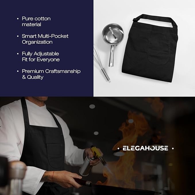Unisex Apron with Pockets for Cooking, Salon & Art - 100% Cotton Adult Kitchen, Chef, Stylist Apron (Black)