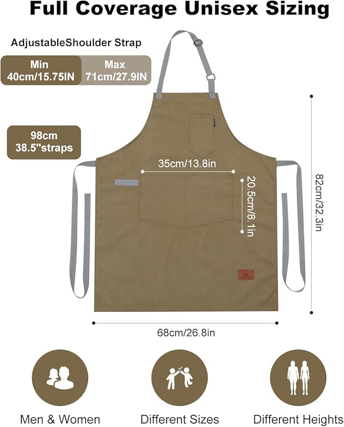 Womens Apron With Pockets Adjustable Shoulder Strap,Apron For Men 38.5" Extra-Long Straps Fit More Body Types,Chef Apron For Kitchen Garden Barbecue Woodworking
