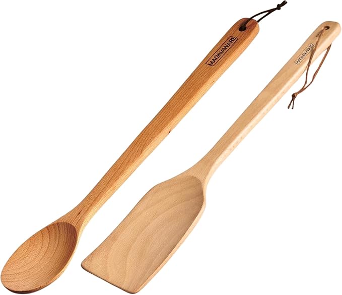 Extra Long 18-Inch Wooden Spoon & Spatula Set – Heavy Duty Solid Wood Cooking Utensils for Big Pots, Cajun & Southern Cooking, Brewing, Stirring, Mixing