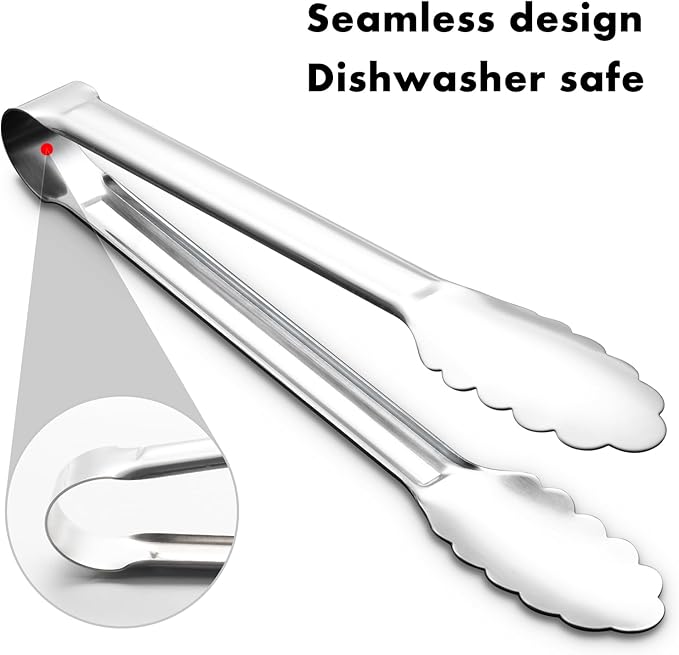 Seamless Tongs for Cooking, One-Piece Design, Durable Heat Resistant Stainless Steel Tongs for Kitchen, Grill, BBQ, Salad, Dishwasher Safe, Metal Tongs Set (12" & 9")