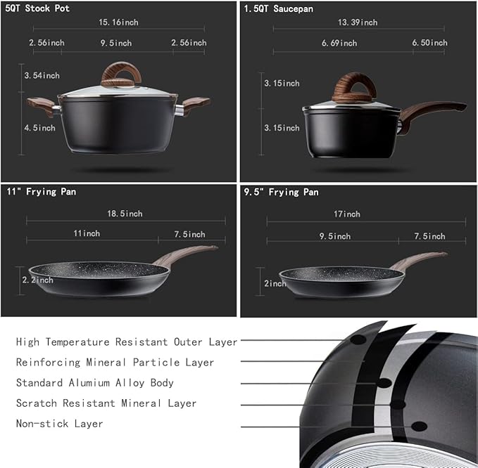 Pots and Pans Set Non Stick, Ceramic Cookware Set with Granite Pattern Kitchen Cooking Sets Induction Pot and Pan w/Frying Pans, Saucepans, Casserole, Non-Toxic, PTFE/PFOA/PFOS-Free, Black