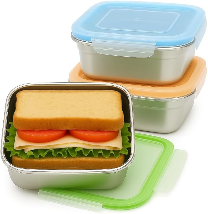 Set of 3 Stainless Steel Sandwich Containers - Food Grade Metal Base with a BPA Free Leakproof & Airtight Silicone Seal Lid. Great for Sandwiches, Snacks, Meal Prep & Food Storage - Blue/Green/Orange