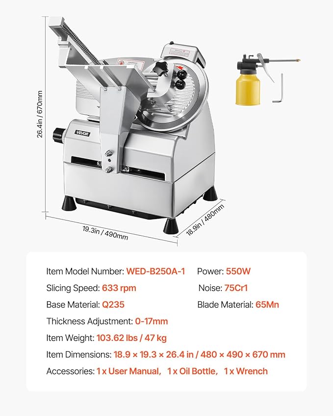 VEVOR Automatic Meat Slicer, 500W Electric Deli Slicer Machine with 10 inch Sharp 75Cr1 Steel Blade, 0-0.67 inch Adjustable Thickness, 633 RPM Fast Slicing, for Frozen Meat, Hard Cheese, and Bread