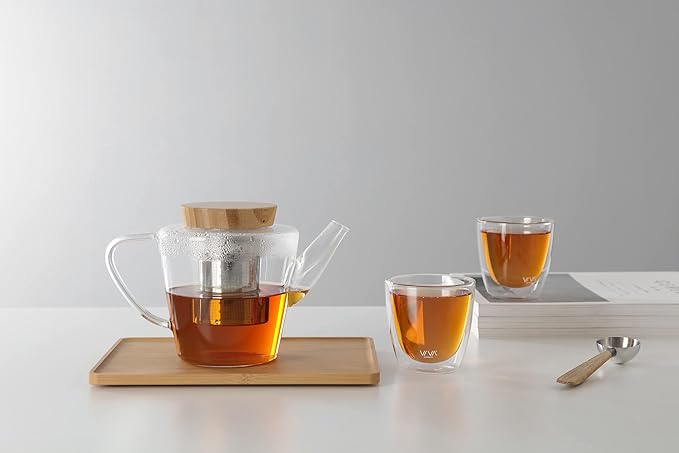 Viva Infusion Borosilicate Glass Tea Pot for Stovetop with Loose Leaf Tea Infuser Mesh - 34 ounce/1 Liter - Modern Teapot Features Bamboo Wood Lid, Tea Maker for Blooming