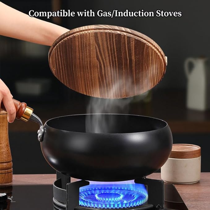 Carbon Steel Wok Pan, 10.2″ Woks & Stir-Fry Pans with wooden Lid Cookwares, Nonstick Wok Flat Bottom Small Handmade Chinese Wok For for All Stoves